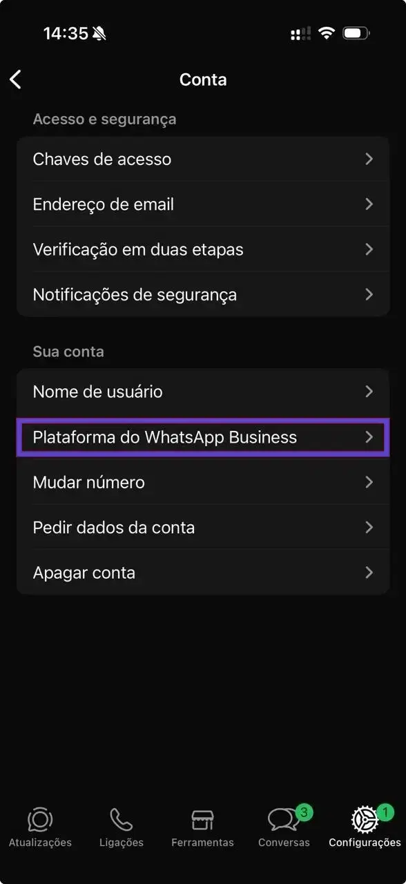 Tela de Conta do WhatsApp Business com a opção de plataforma comercial em destaque — iPhone