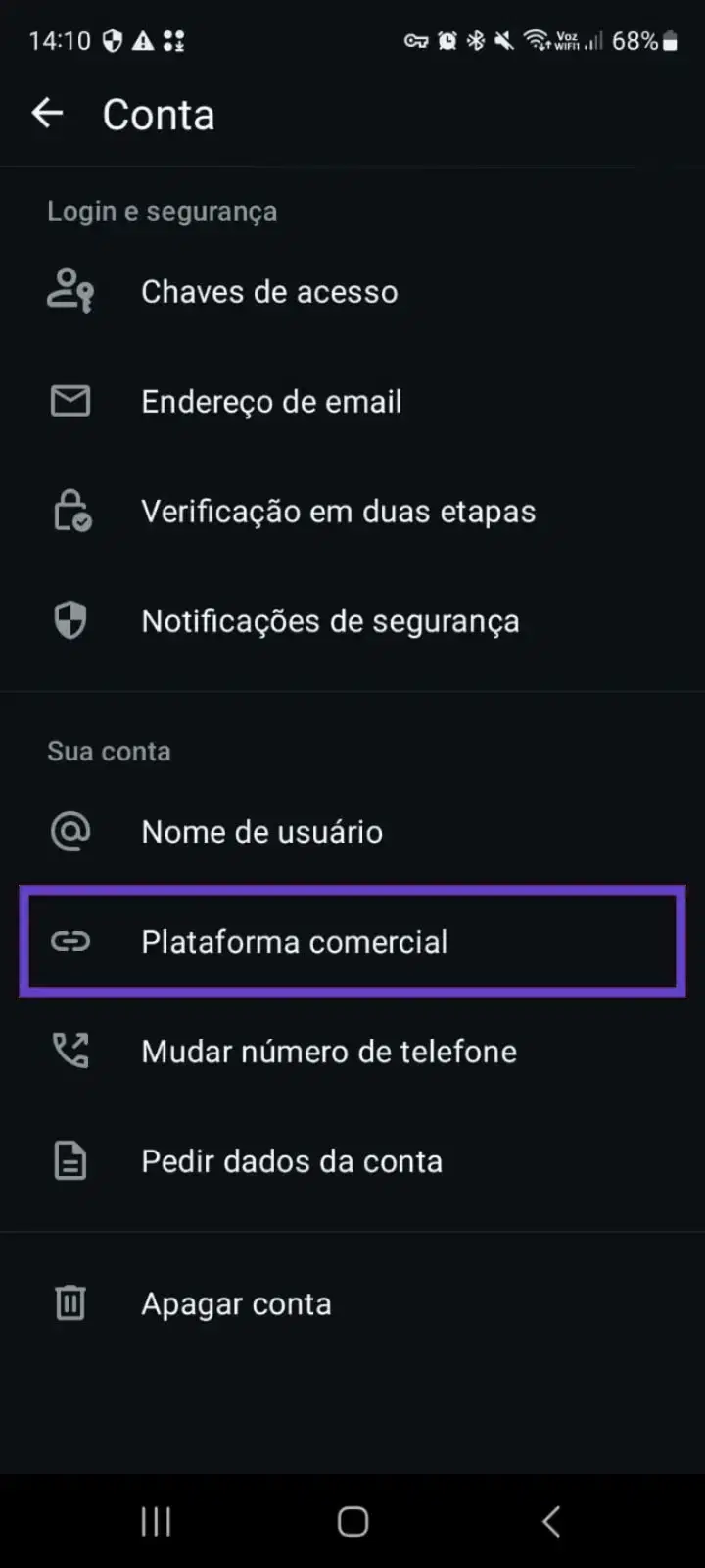 Tela de Conta do WhatsApp Business com a opção de plataforma comercial em destaque — Android